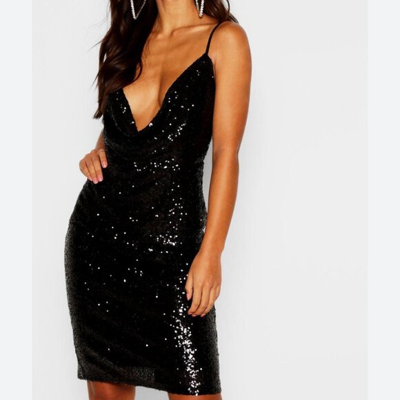 ASOS Black Sequin Midi Cocktail Dress | Deep V Strappy Back‎ | Size 6 - Picture 1 of 8